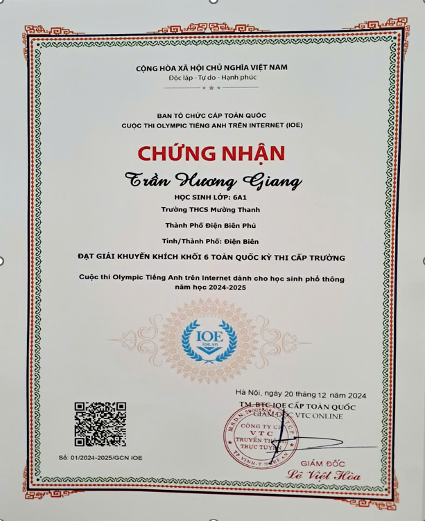 Học sinh trường THCS Mường Thanh đạt giải toàn quốc kì thi cấp trường cuộc thi Olympic tiếng Anh trên Internet năm học 2024-2025.